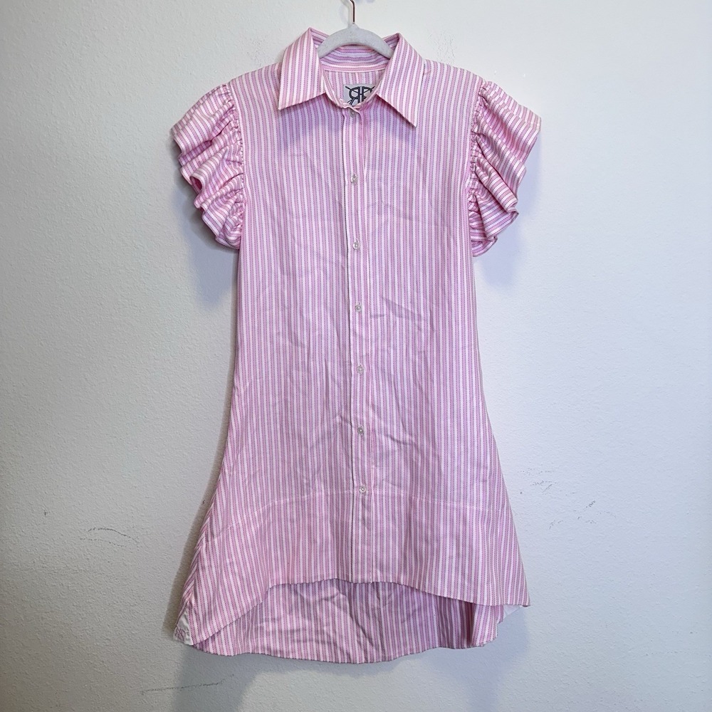 Double R by Ravi Ratan Pink Striped Ruffle Sleeve Button Down Mini Shirt Dress